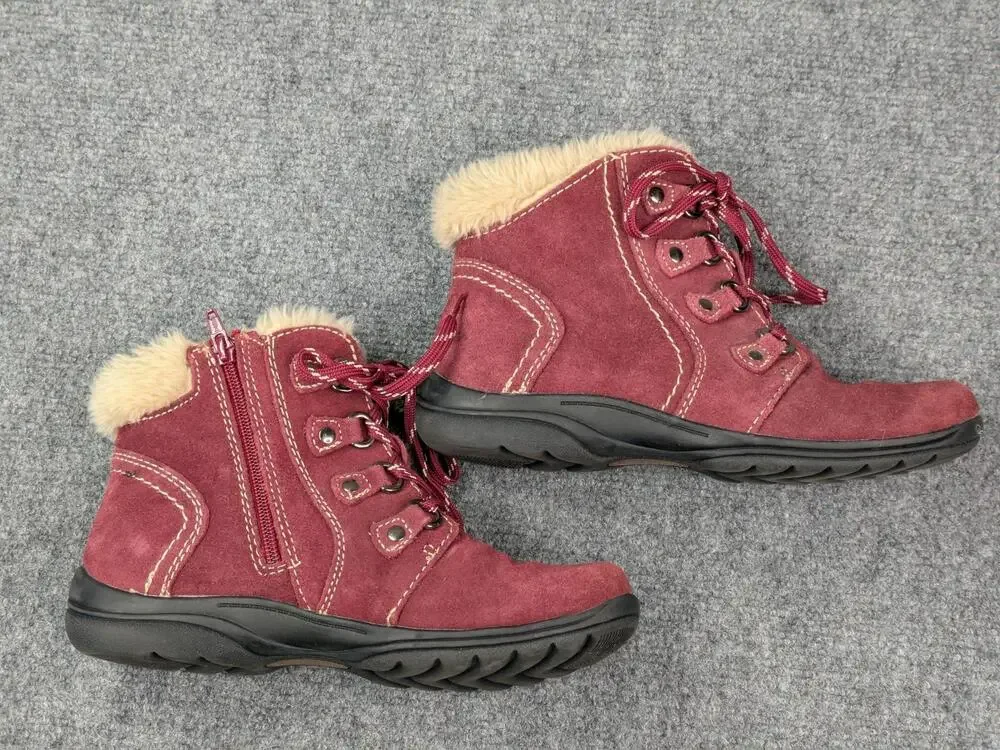 Earth Origins Boots Womens 8 Red Crowley Leather Faux Fur Ankle Zip Lace Up